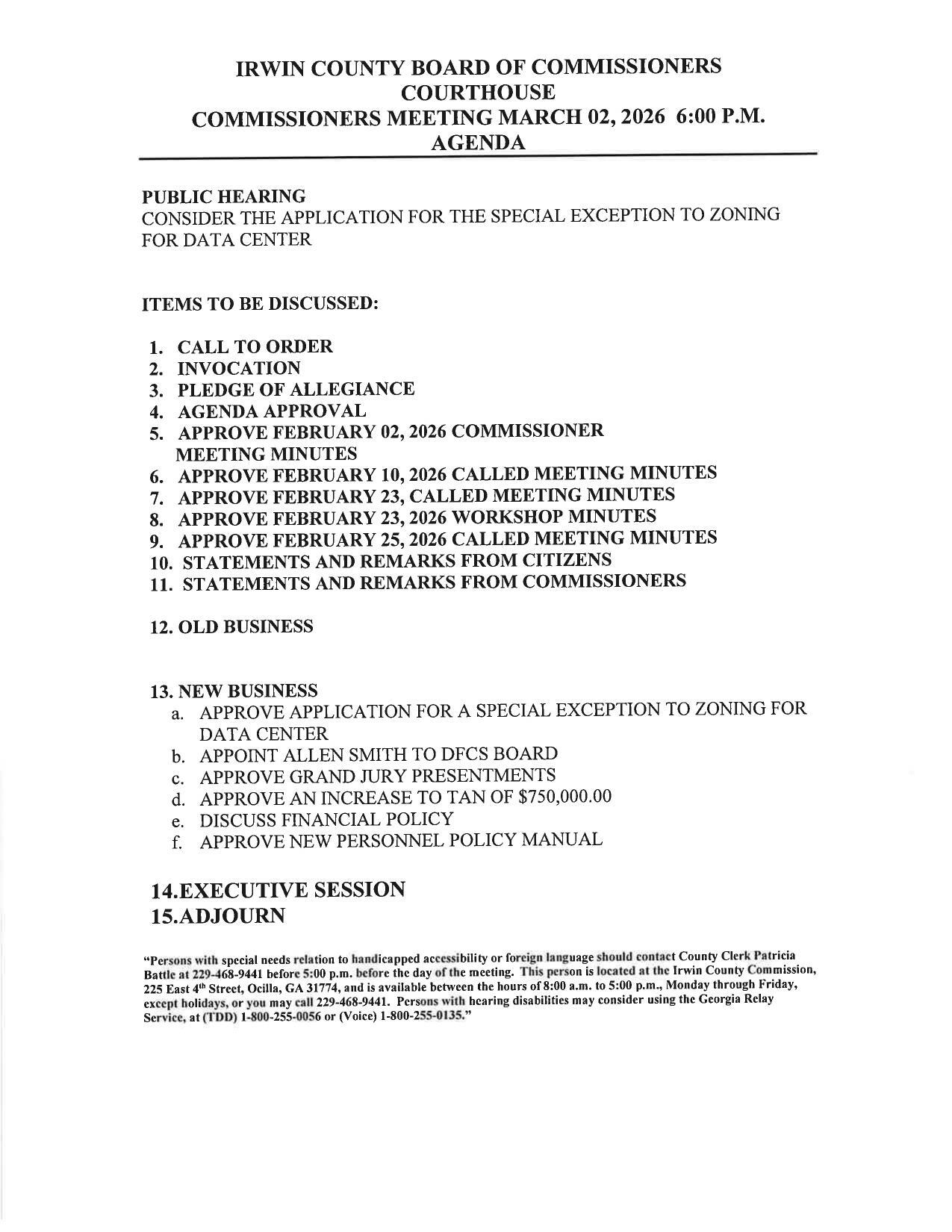 IRWIN COUNTY BOARD OF COMMISSIONERS, COURTHOUSE, COMMISSIONERS MEETING MARCH 02, 2026 6:00 P.M. AGENDA