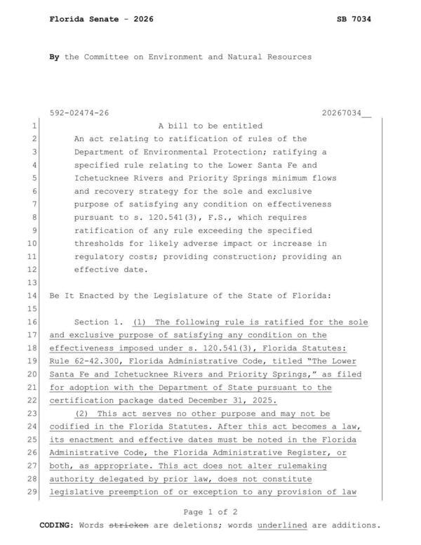 [An act relating to ratification of rules of the Department of Environmental Protection; ratifying a specified rule relating to the Lower Santa Fe and Ichetucknee Rivers and Priority Springs minimum flows and recovery strategy for the sole and exclusive purpose of satisfying any condition on effectiveness pursuant to s. 120.541(3), F.S., which requires ratification of any rule exceeding the specified thresholds for likely adverse impact or increase in regulatory costs; providing construction; providing an effective date.]