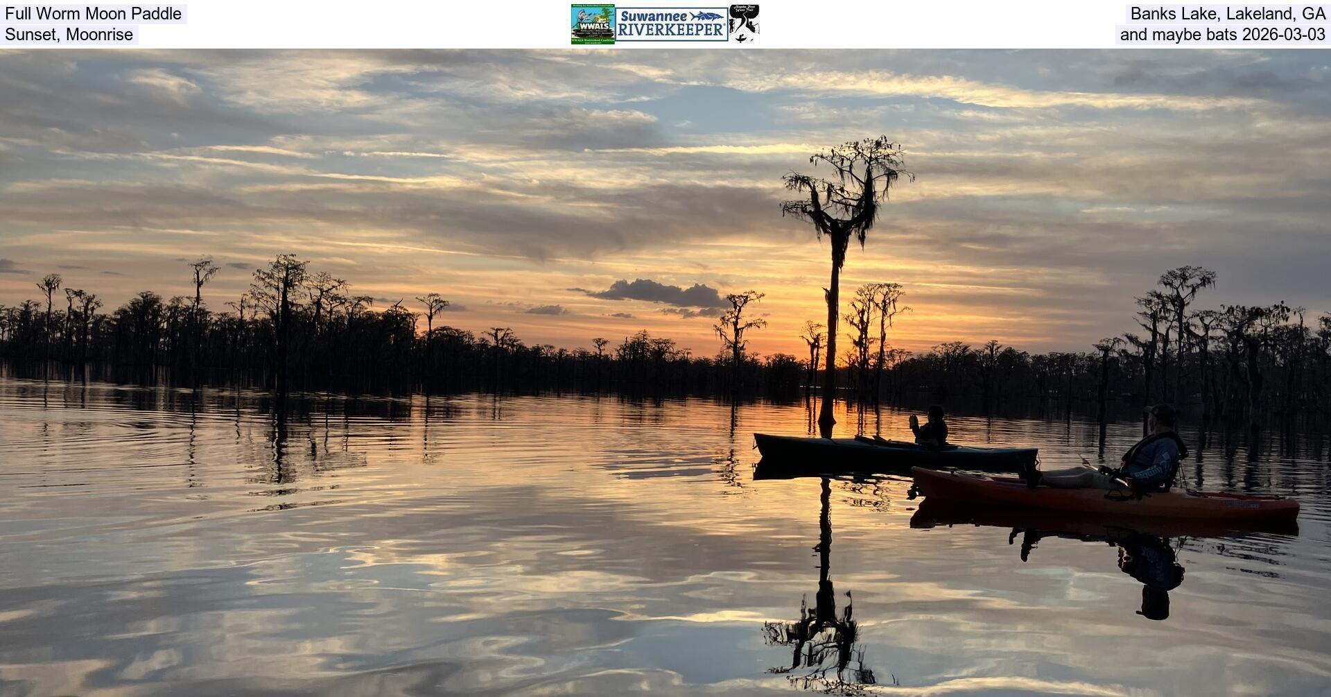 Full Worm Moon Paddle, Banks Lake, Lakeland, GA, Sunset, Moonrise, and maybe bats 2026-03-03