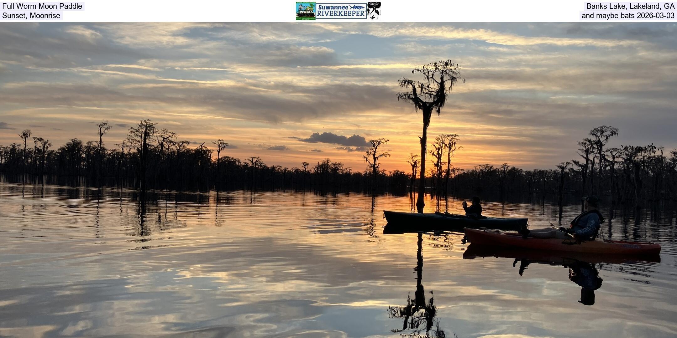 Full Worm Moon Paddle, Banks Lake, Lakeland, GA, Sunset, Moonrise, and maybe bats 2026-03-03