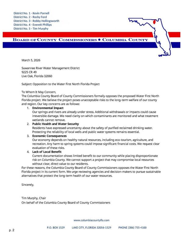 [Opposition to the Water First North Florida Project, 2026-03-05 --Columbia County BOCC]
