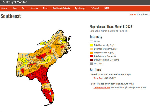 [Map: Southeast, 2026-03-03 --US Drought Monitor]