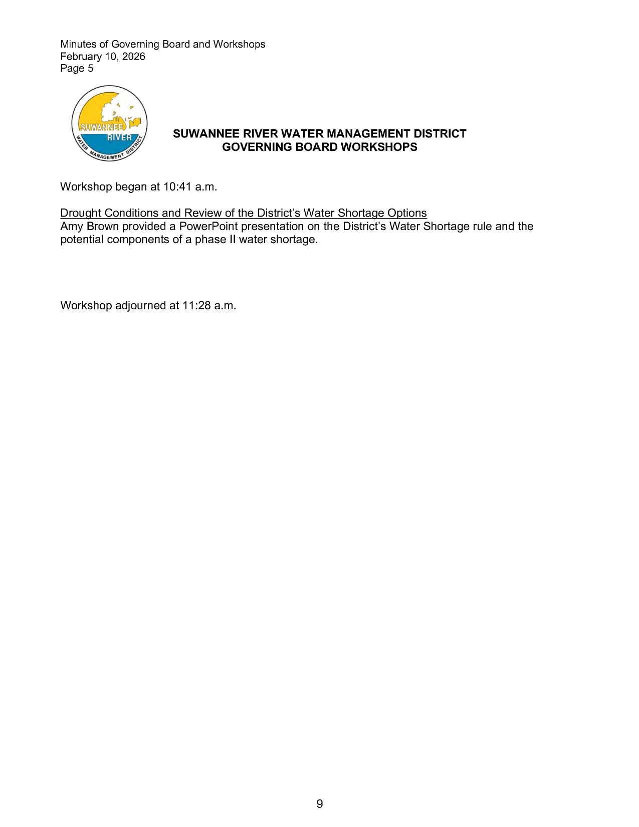 Minutes of Governing Board and Workshops February 10, 2026: Drought Conditions and Review of the District’s Water Shortage Options