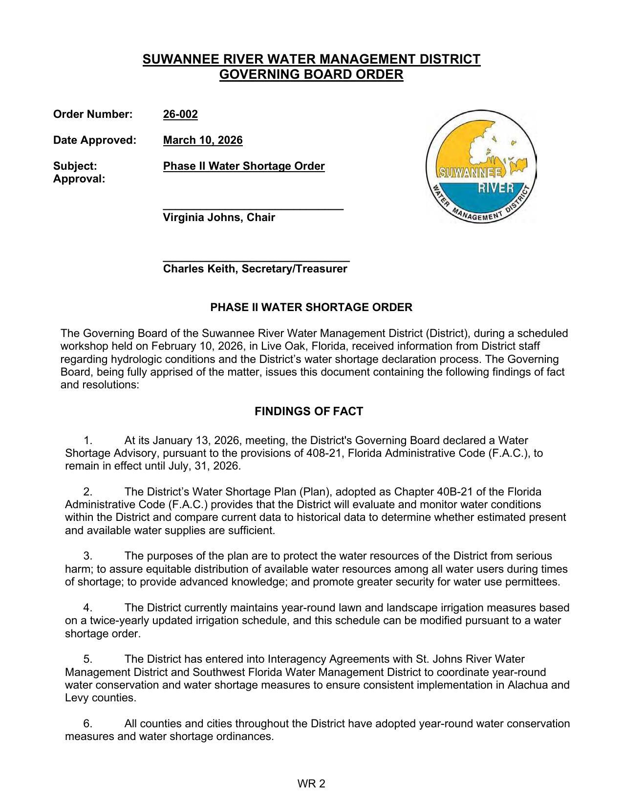 Order Number: 26-002 Date Approved: March 10, 2026 Subject: Phase II Water Shortage Order