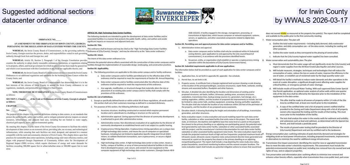 [Suggested additional sections for Irwin County datacenter ordinance, by WWALS 2026-03-17]