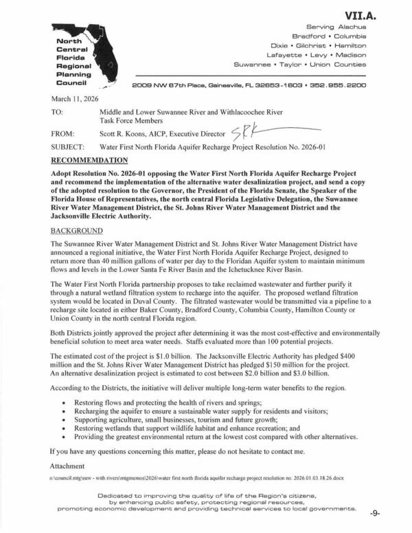 [Water First North Florida Aquifer Recharge Project Resolution No. 2026-01]
