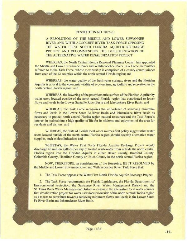 [RESOLUTION NO. 2026-01 OPPOSING THE WATER FIRST NORTH FLORIDA AQUIFER RECHARGE PROJECT AND RECOMMENDING THE IMPLEMENTATION OF THE ALTERNATIVE WATER DESALINIZATION PROJECT]