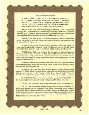 [RESOLUTION NO. 2026-01 OPPOSING THE WATER FIRST NORTH FLORIDA AQUIFER RECHARGE PROJECT AND RECOMMENDING THE IMPLEMENTATION OF THE ALTERNATIVE WATER DESALINIZATION PROJECT]