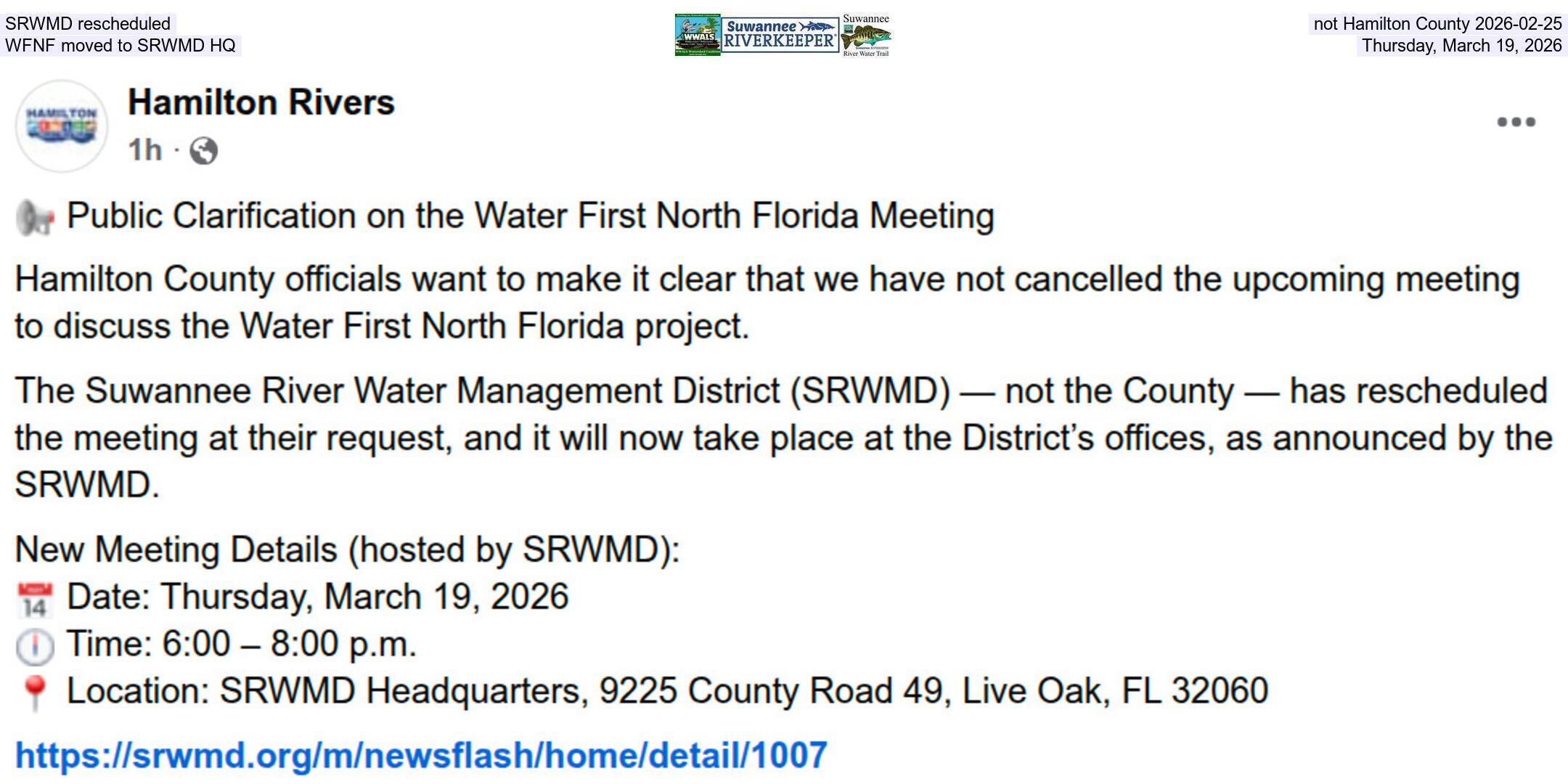 SRWMD rescheduled, not Hamilton County 2026-02-25, WFNF moved to SRWMD HQ, Thursday, March 19, 2026