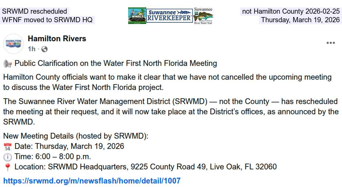SRWMD rescheduled, not Hamilton County 2026-02-25, WFNF moved to SRWMD HQ, Thursday, March 19, 2026