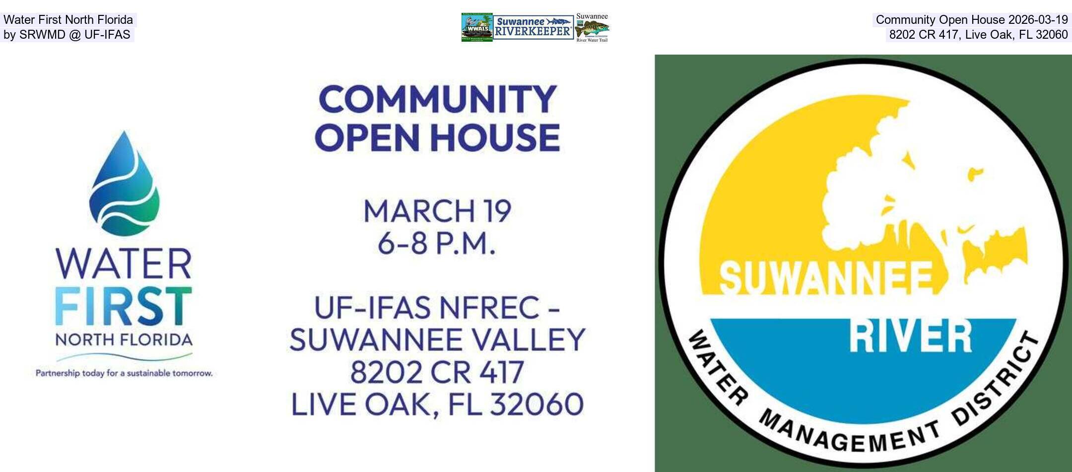 Water First North Florida Community Open House 2026-03-19, by SRWMD @ UF-IFAS, 8202 CR 417, Live Oak, FL 32060
