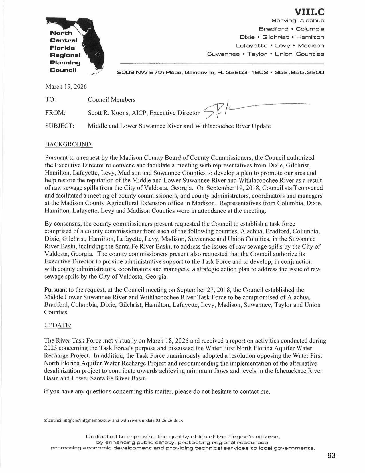 SUBJECT: Middle and Lower Suwannee River and Withlacoochee River Update