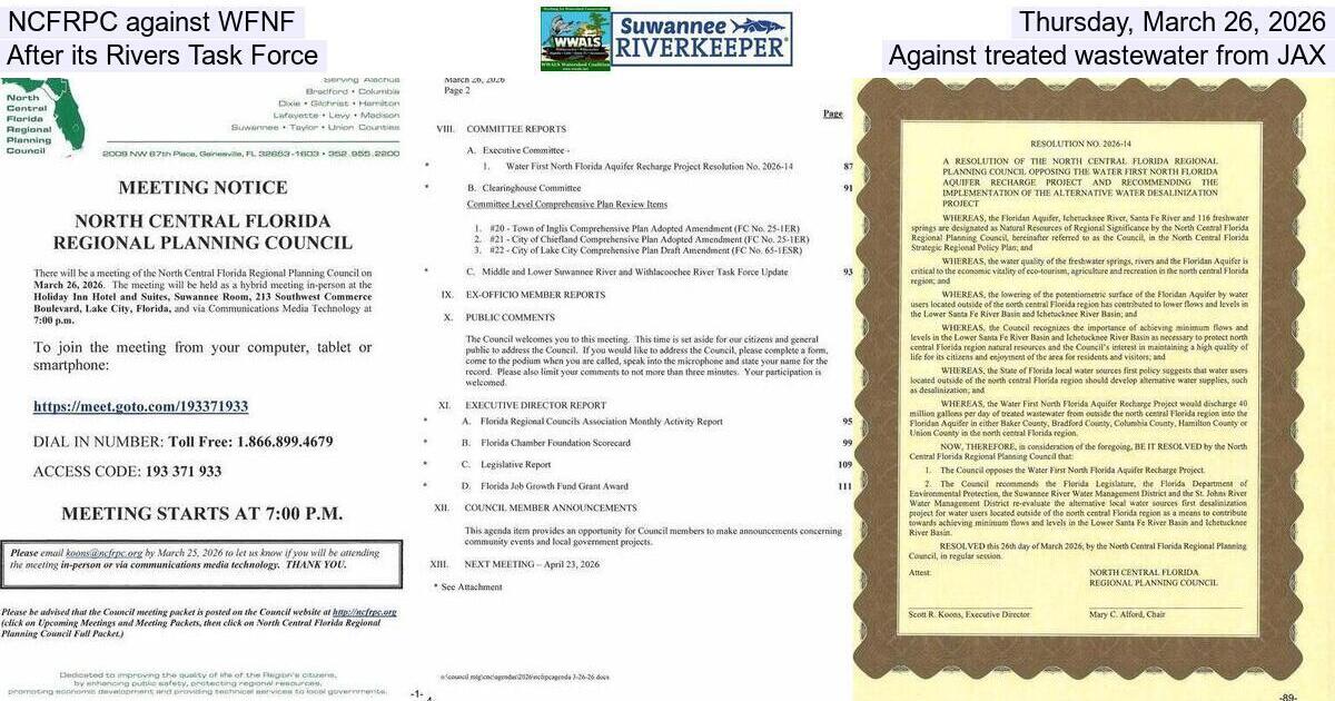 NCFRPC against WFNF, Thursday, March 26, 2026, After its Task Force, Against treated wastewater from JAX