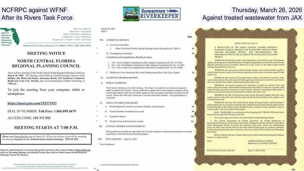 NCFRPC against WFNF, Thursday, March 26, 2026, After its Task Force, Against treated wastewater from JAX