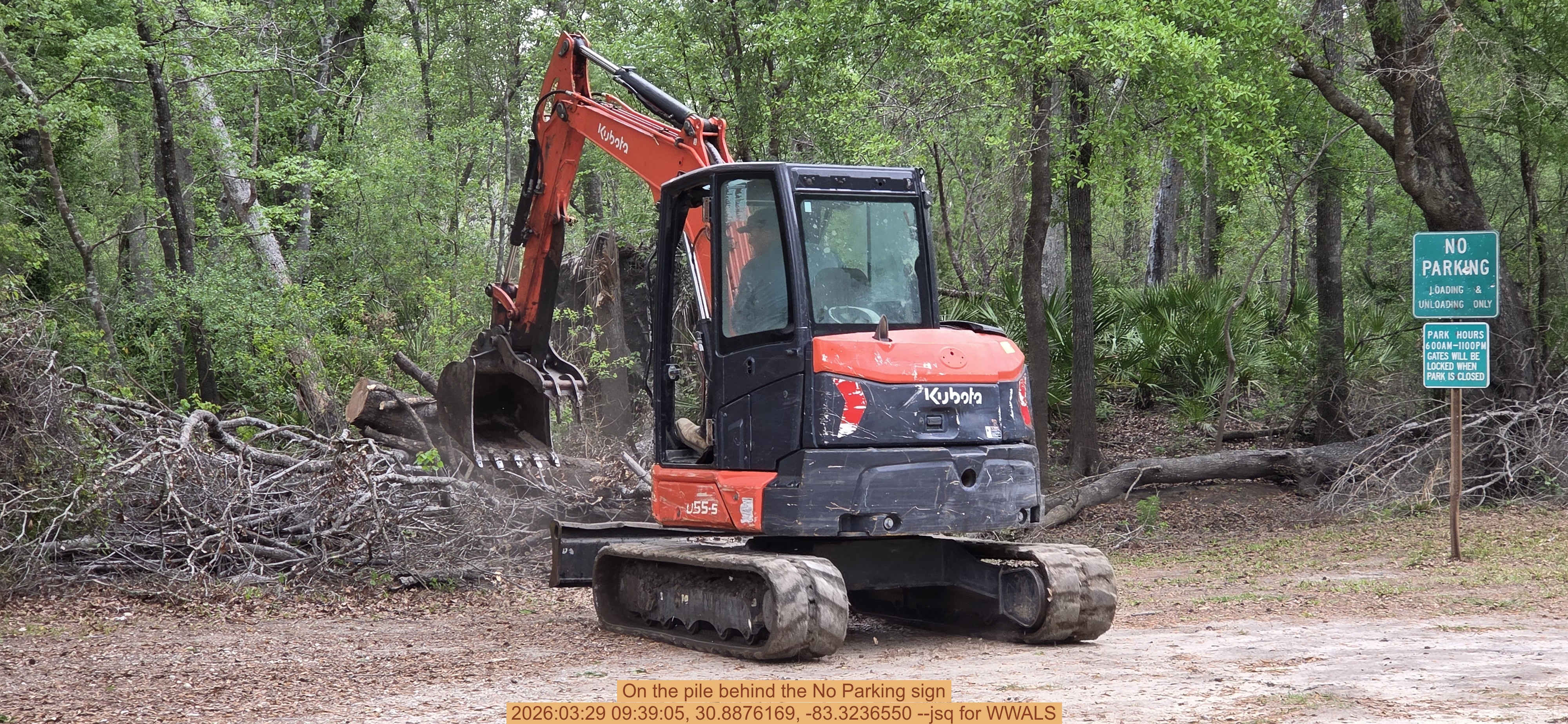 On the pile behind the No Parking sign, 2026:03:29 09:39:05, 30.8876169, -83.3236550 --jsq for WWALS