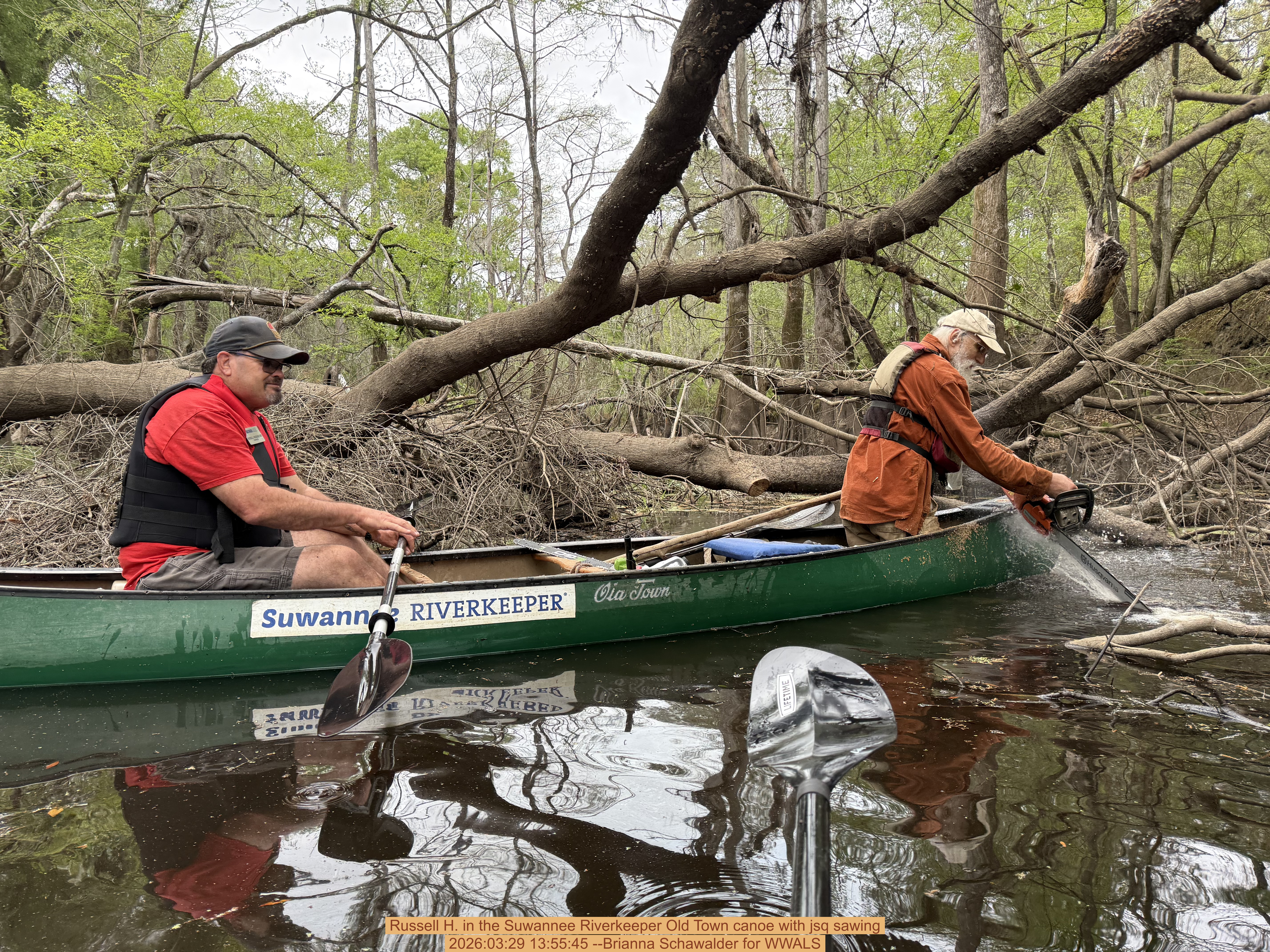 Russell H. in the Suwannee Riverkeeper Old Town canoe with jsq sawing, 2026:03:29 13:55:45 --Brianna Schawalder for WWALS