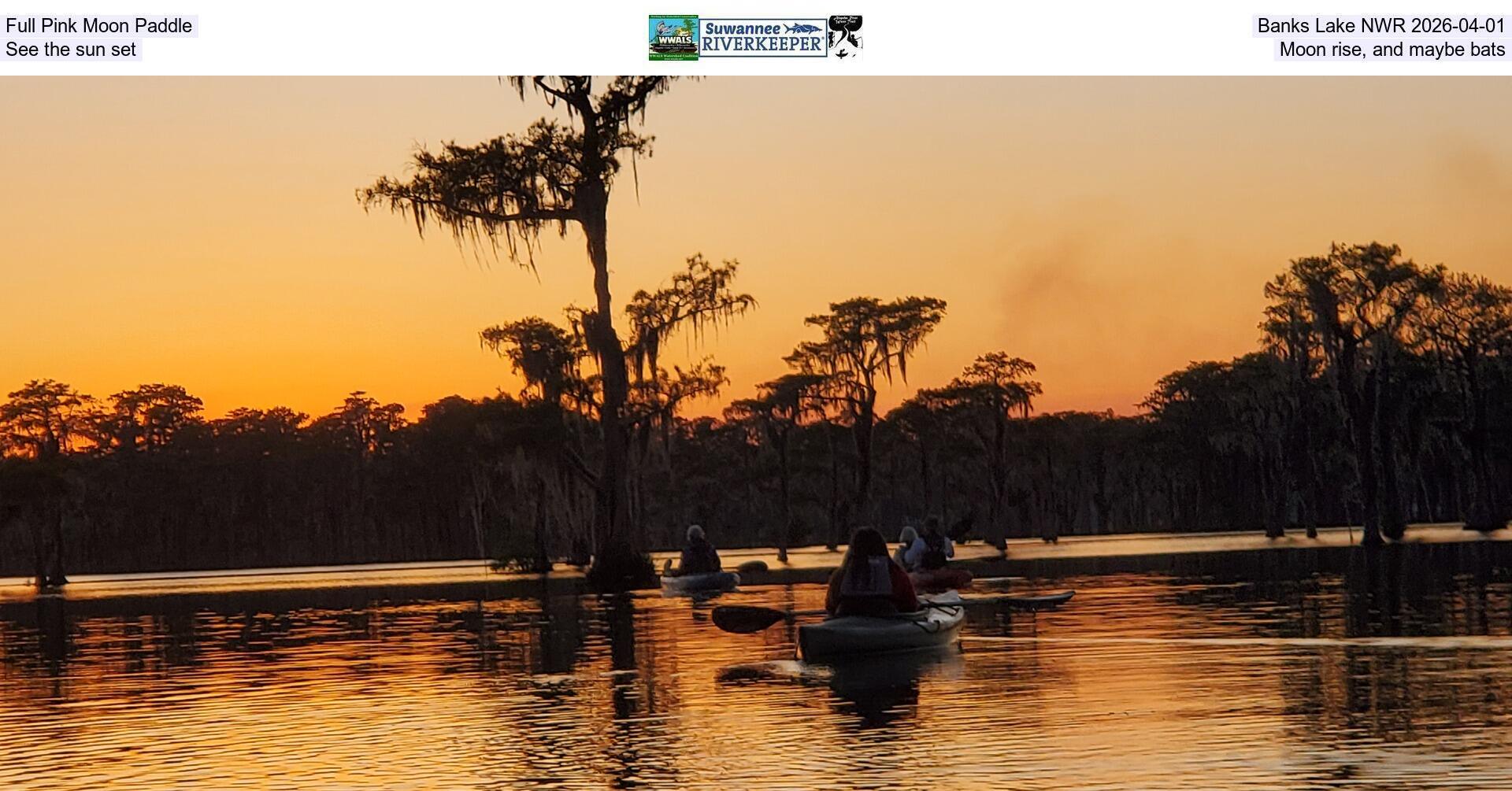Full Pink Moon Paddle, Banks Lake NWR 2026-04-01, See the sun set, Moon rise, and maybe bats
