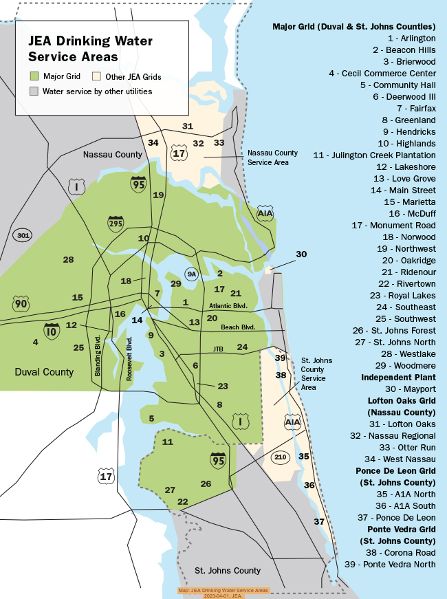 Map: JEA Drinking Water Service Areas, 2023-04-01, JEA.