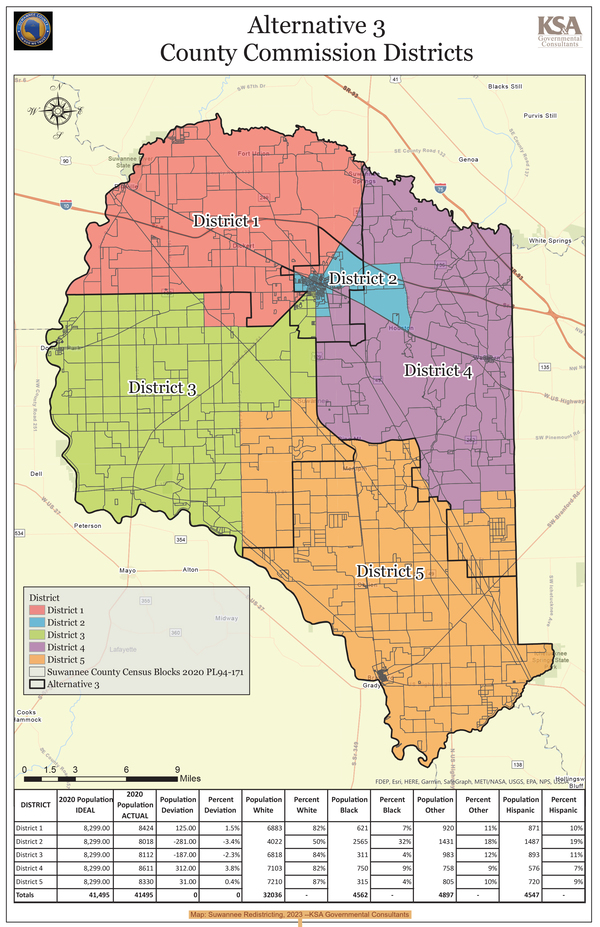 [Map: Suwannee Redistricting, 2023 --KSA Governmental Consultants]