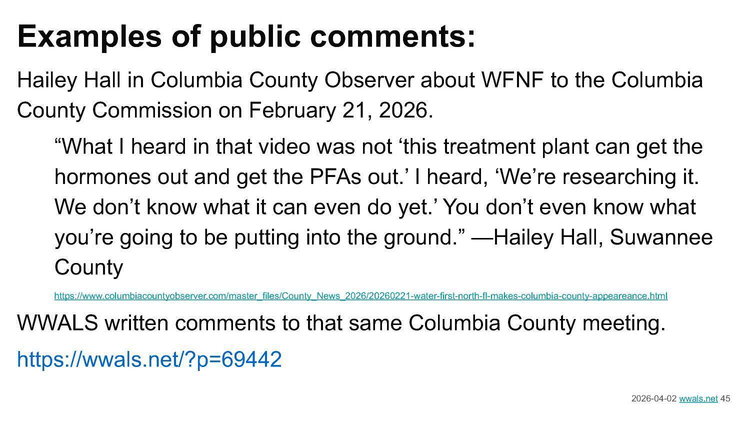 Examples of public comments: