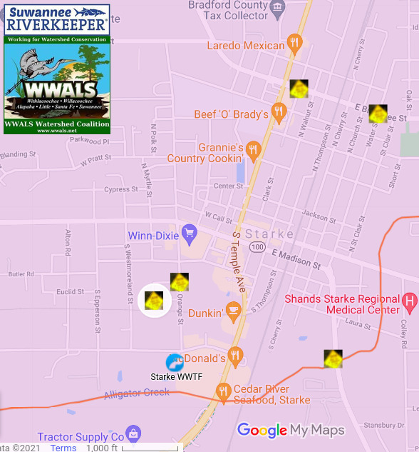 Starke, FL, sewage spills, 2021-07-07 --WWALS from FDEP PN reports