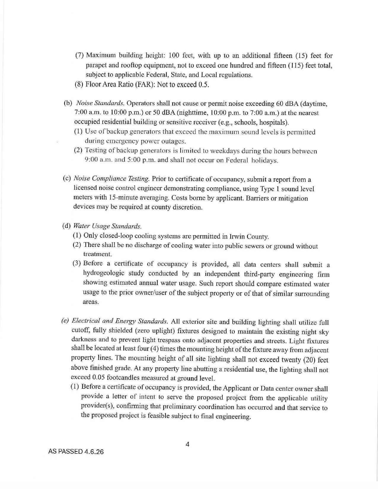 (d) Water Usage Standards and (e) Electrical and Energy Standards