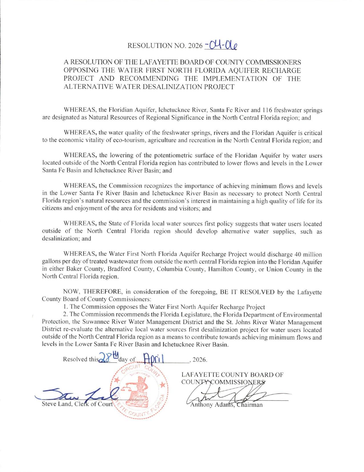Resolution 2026-04-06 against Water First North Florida and for desalination, 2026-04-28 --Lafayette County BOCC