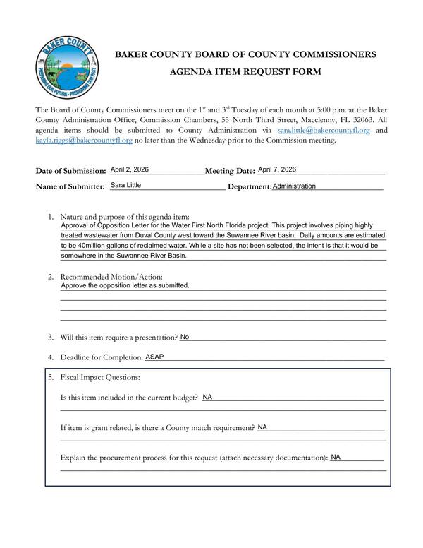 [Agenda Sheet, 2026-04-07 --Baker County BOCC]