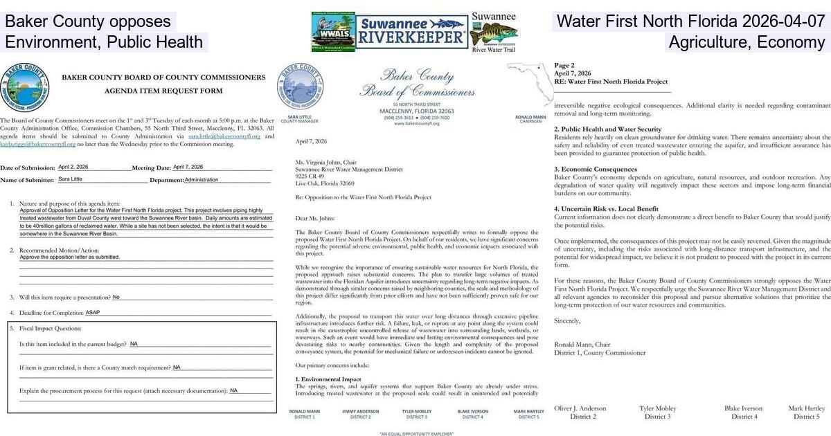 Baker County opposes Water First North Florida 2026-04-07, Environment, Public Health, Agriculture, Economy