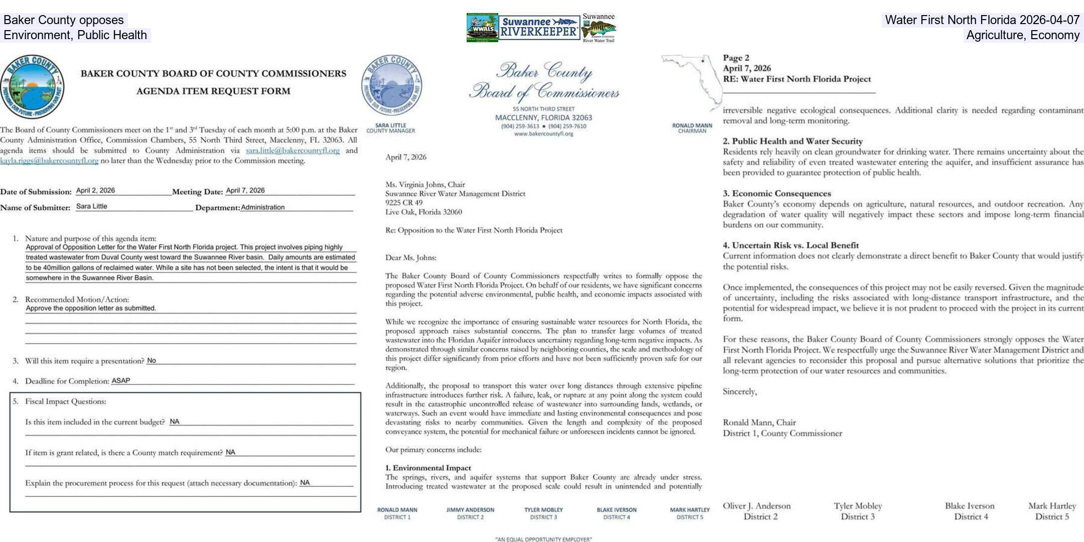 Baker County opposes Water First North Florida 2026-04-07, Environment, Public Health, Agriculture, Economy