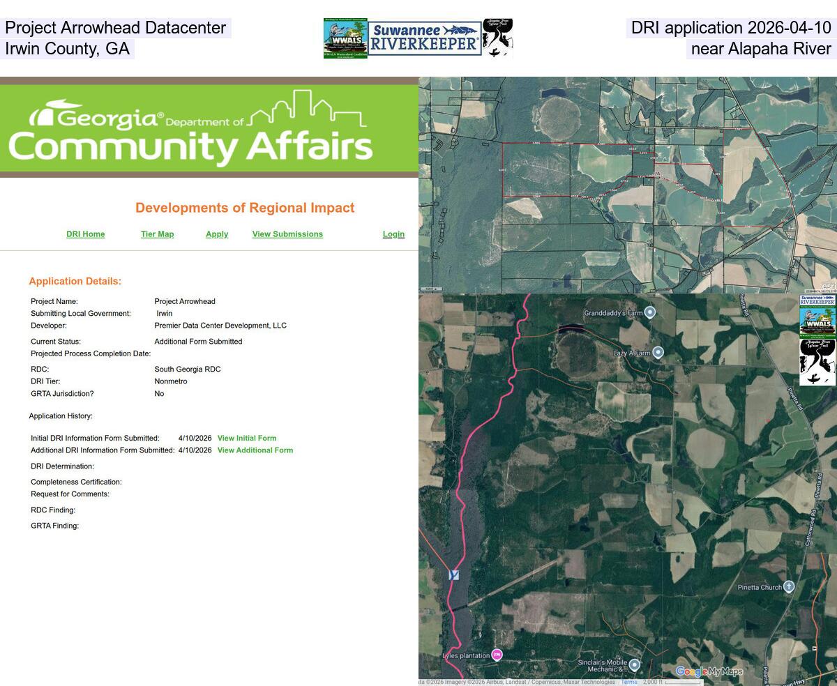 Project Arrowhead Datacenter DRI application 2026-04-10, Irwin County, GA, near Alapaha River