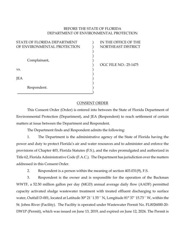 [Consent Order on JEA Buckman wastewater plant, 2025-09-15 OGC FILE NO.: 25-1475 --FDEP]