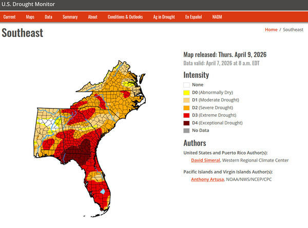 [Map: U.S. Southeast, 2026-04-07 --U.S. Drought Monitor]