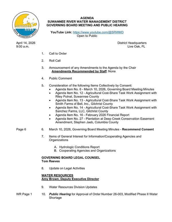 [Agenda, 2026-04-14, SRWMD Governing Board; 10. Public Hearing for Approval of Order Number 26-003, Modified Phase II Water]