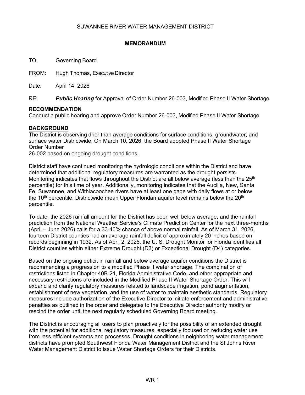 RE: Public Hearing for Approval of Order Number 26-003, Modified Phase II Water Shortage