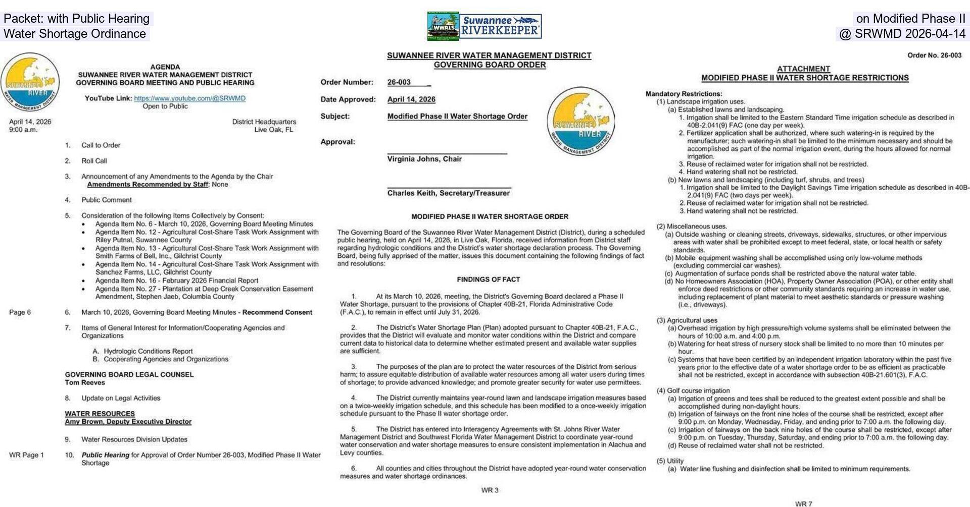 [Packet: with Public Hearing on Modified Phase II Water Shortage Ordinance @ SRWMD 2026-04-14]