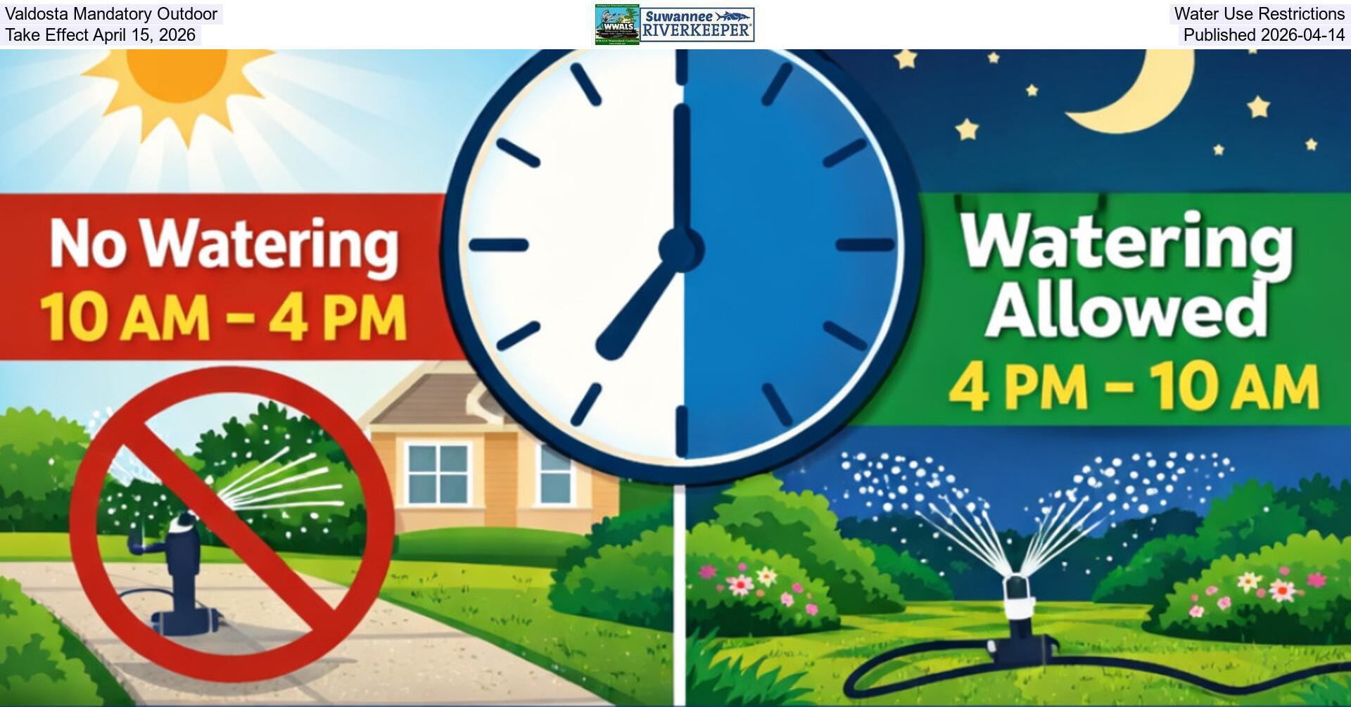 [Valdosta Mandatory Outdoor Water Use Restrictions Take Effect April 15, 2026, Published 2026-04-14]