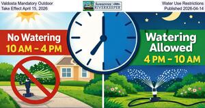 [Valdosta Mandatory Outdoor Water Use Restrictions Take Effect April 15, 2026, Published 2026-04-14]
