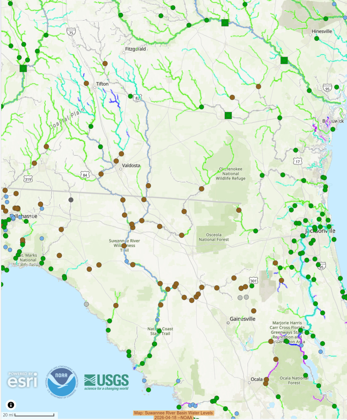 Map: Suwannee River Basin Water Levels, 2026-04-18 --NOAA