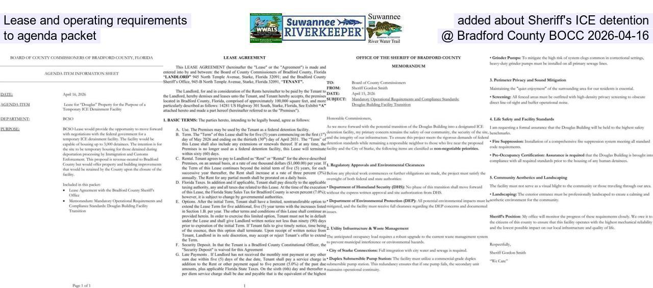 Lease and operating requirements added about Sheriff's ICE detention to agenda packet @ Bradford County BOCC 2026-04-16