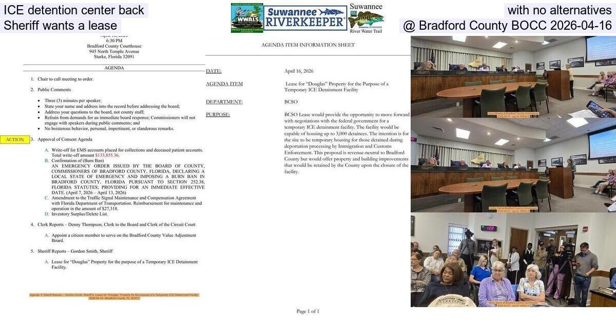 ICE detention center back, with no alternatives, Sheriff wants a lease @ Bradford County BOCC 2026-04-16