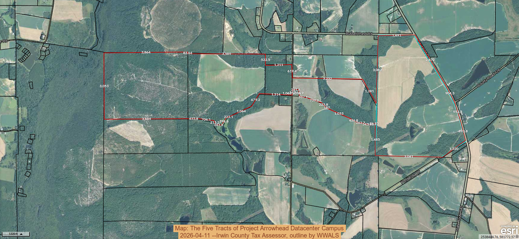 Map: The Five Tracts of Project Arrowhead Datacenter Campus, 2026-04-11 --Irwin County Tax Assessor, outline by WWALS
