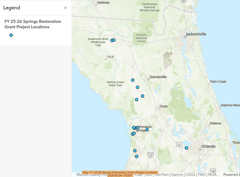 Map: FY 25-26 Springs Restoration Grant Project Locations 2026-06-24 --FDEP