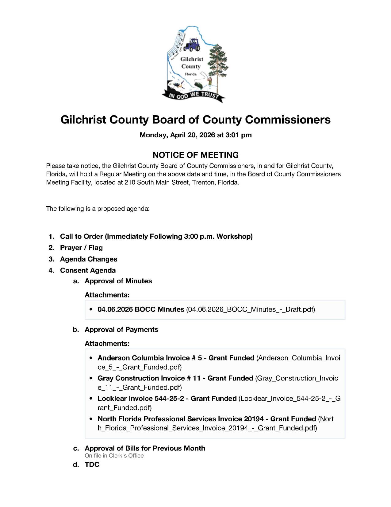 Agenda, Gilchrist County Board of County Commissioners, Monday, April 20, 2026 at 3:01 pm
