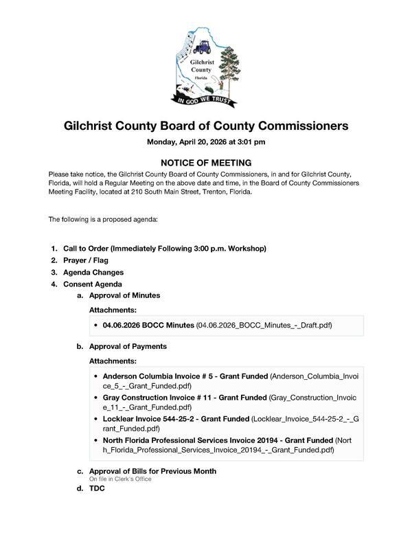 [Agenda, Gilchrist County Board of County Commissioners, Monday, April 20, 2026 at 3:01 pm]
