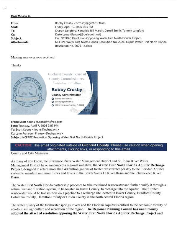 [Subject: FW: NCFRPC Resolution Opposing Water First North Florida Project]