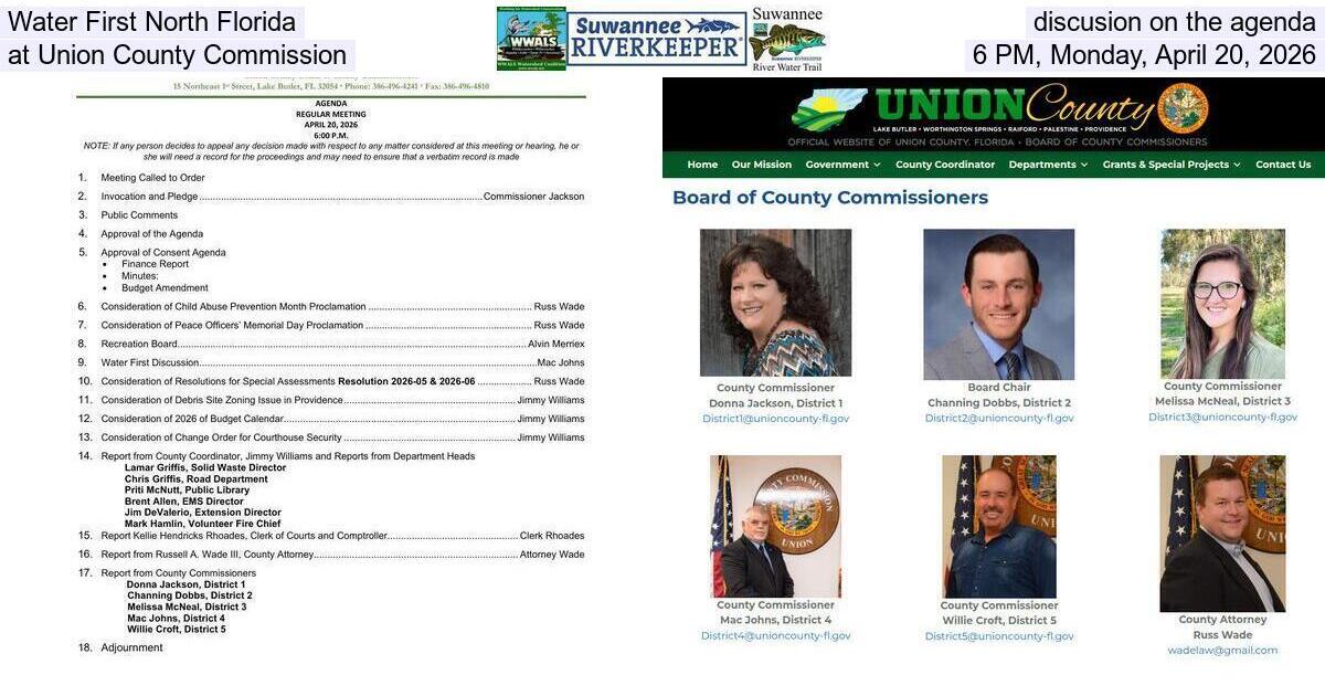 [Water First North Florida discusion on the agenda at Union County Commission, 6 PM, Monday, April 20, 2026]