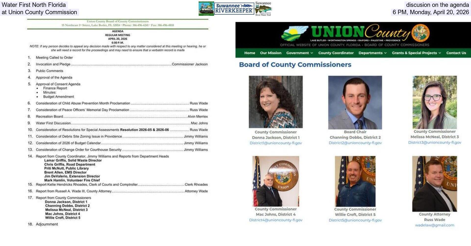 [Water First North Florida discusion on the agenda at Union County Commission, 6 PM, Monday, April 20, 2026]