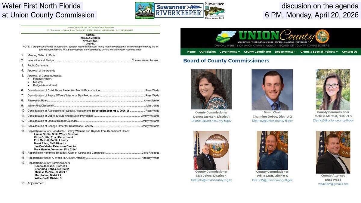 Water First North Florida discusion on the agenda at Union County Commission, 6 PM, Monday, April 20, 2026
