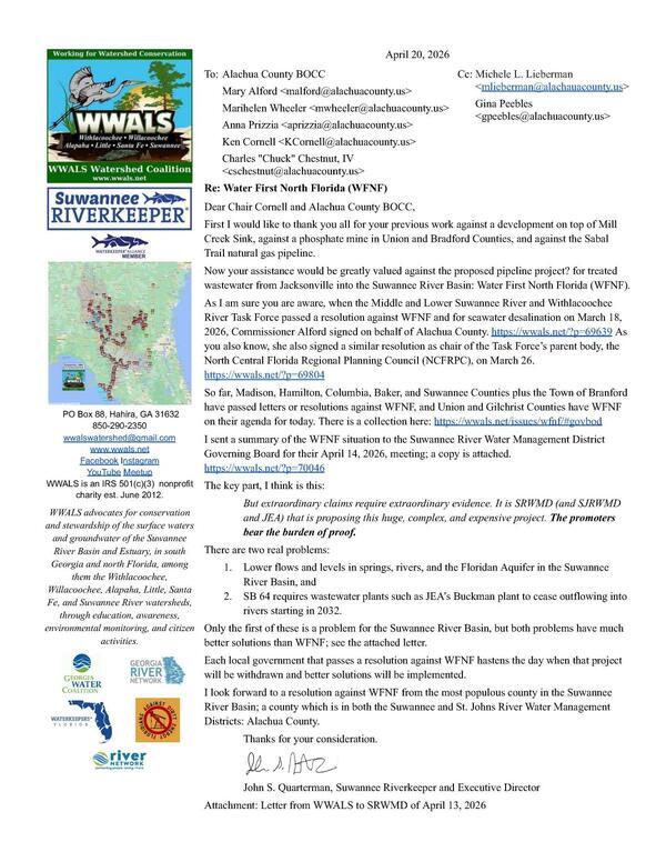 [WFNF, 2026-04-20 --WWALS to Alachua County BOCC]